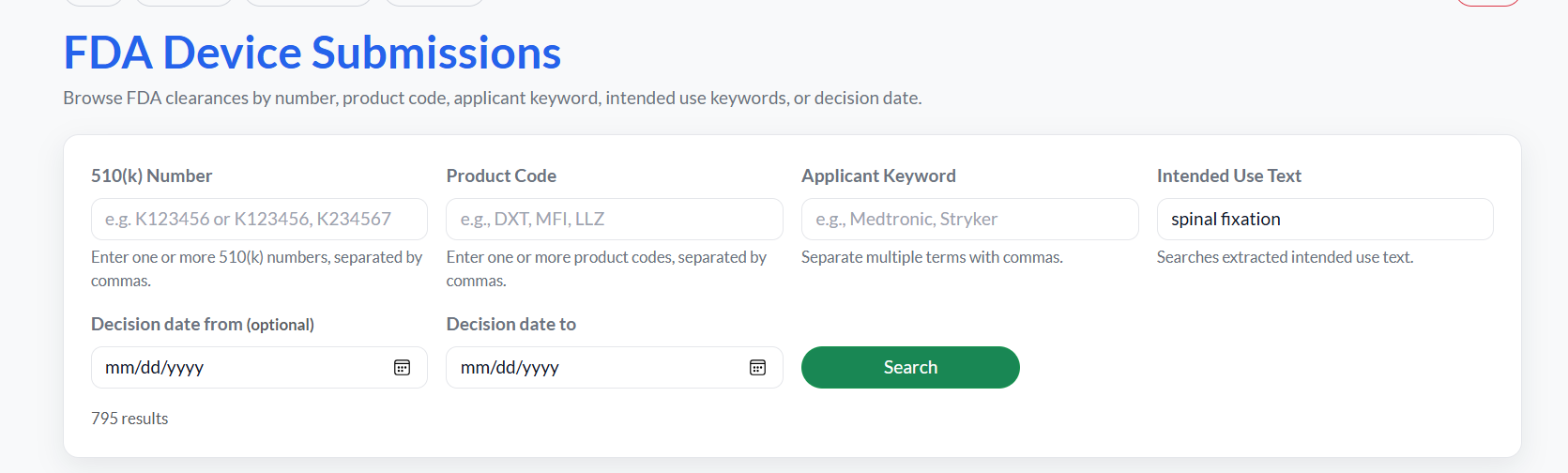 510(k) Search screenshot